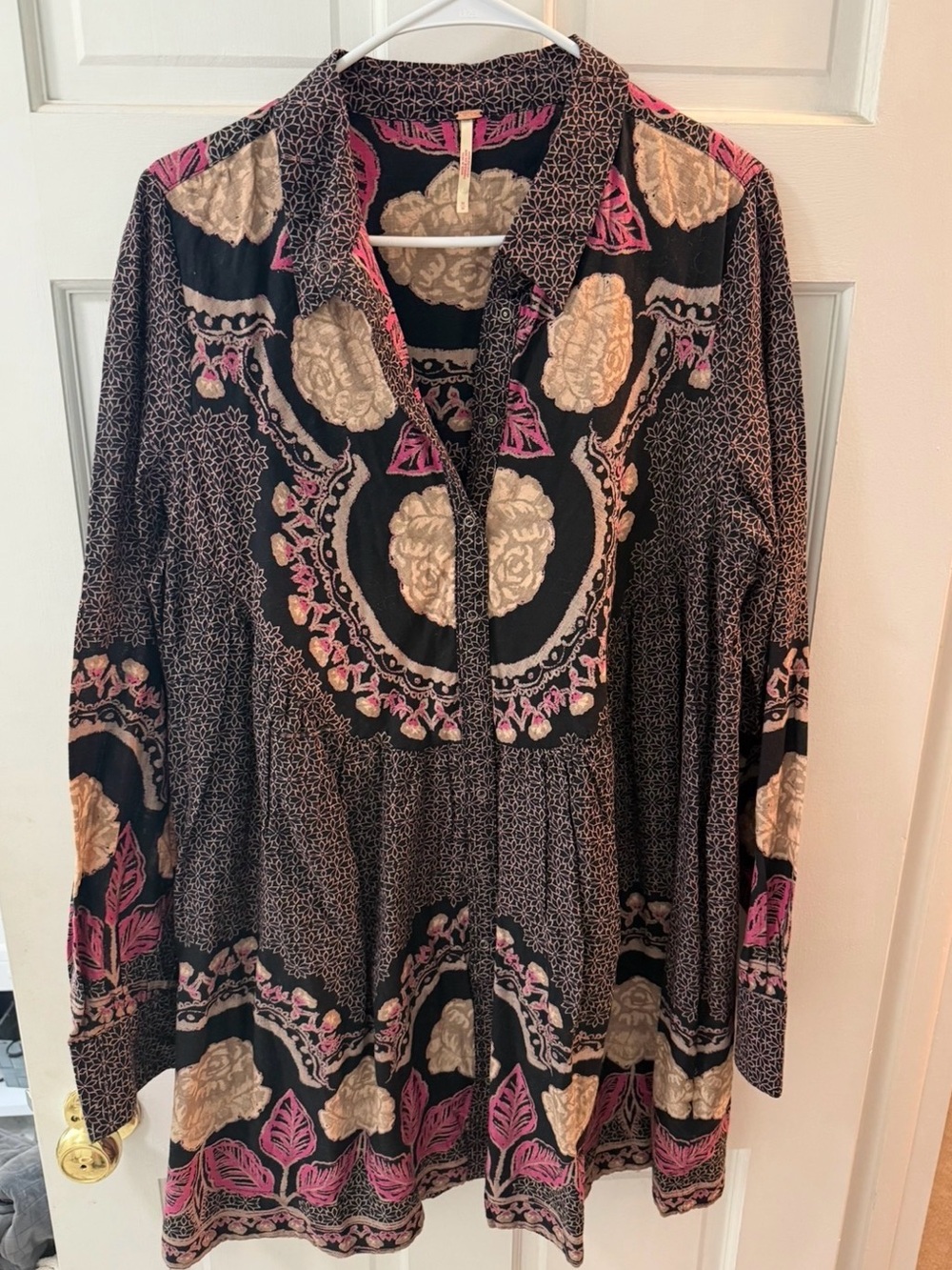 Free People Women's Black Floral Peasant Dress with Pink Accents